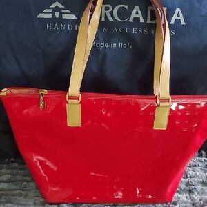 Arcadia Glossy Red Tote with Tan Handles